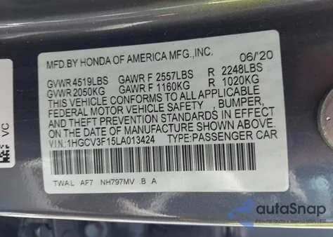 2020 Honda Accord Hybrid from USA, damaged, VIN 1HGCV3F15LA013424